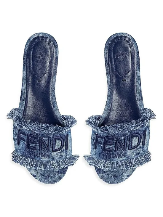 🌟Fendi Blue Denim Fringe Logo Slide Mules - Picture 2 of 3